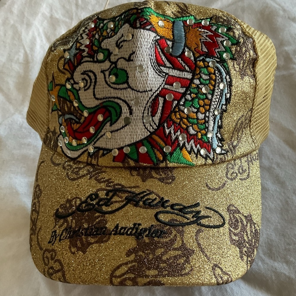 Ed Hardy Gold Trucker Hat with Dragon Design - Picture 2 of 9